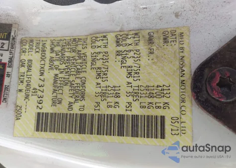 2013 Nissan Frontier S z USA, uszkodzony, nr VIN 1N6BD0CTXDN737392